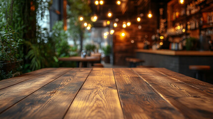 an empty wooden table top with a blurred background
