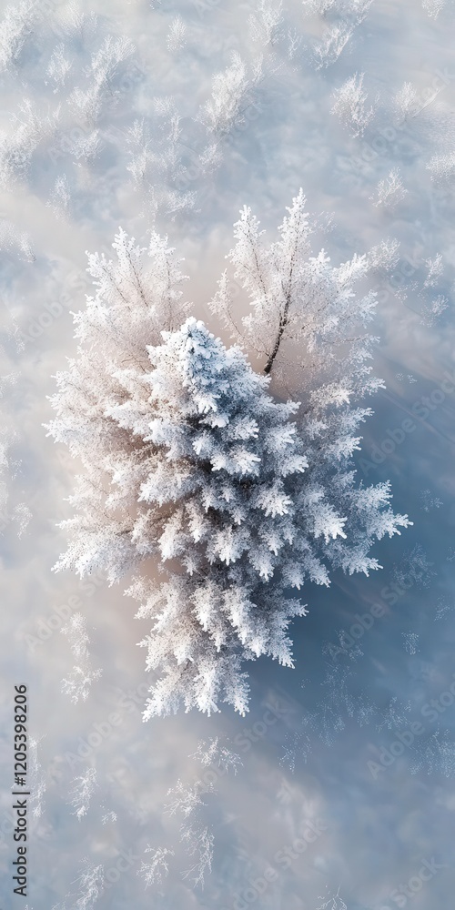 Poster above showcasing the elegant structure of a snow-covered pine tree against the backdrop of a frozen 