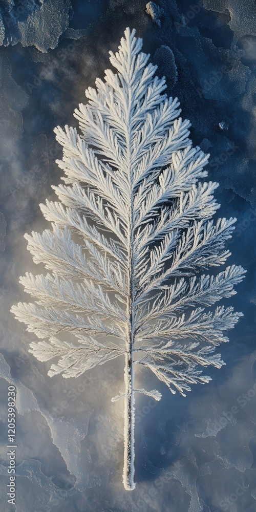 Poster above showcasing the elegant structure of a snow-covered pine tree against the backdrop of a frozen 