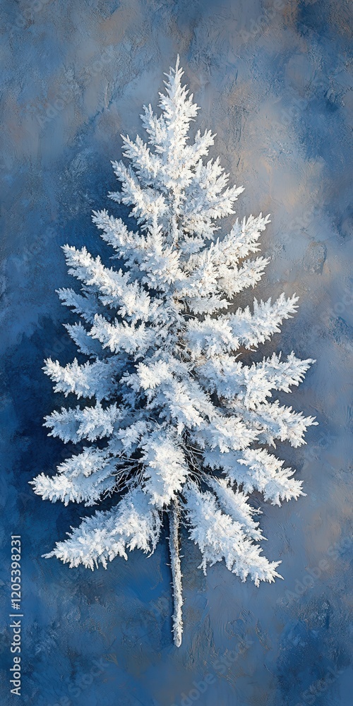 Poster above showcasing the elegant structure of a snow-covered pine tree against the backdrop of a frozen 