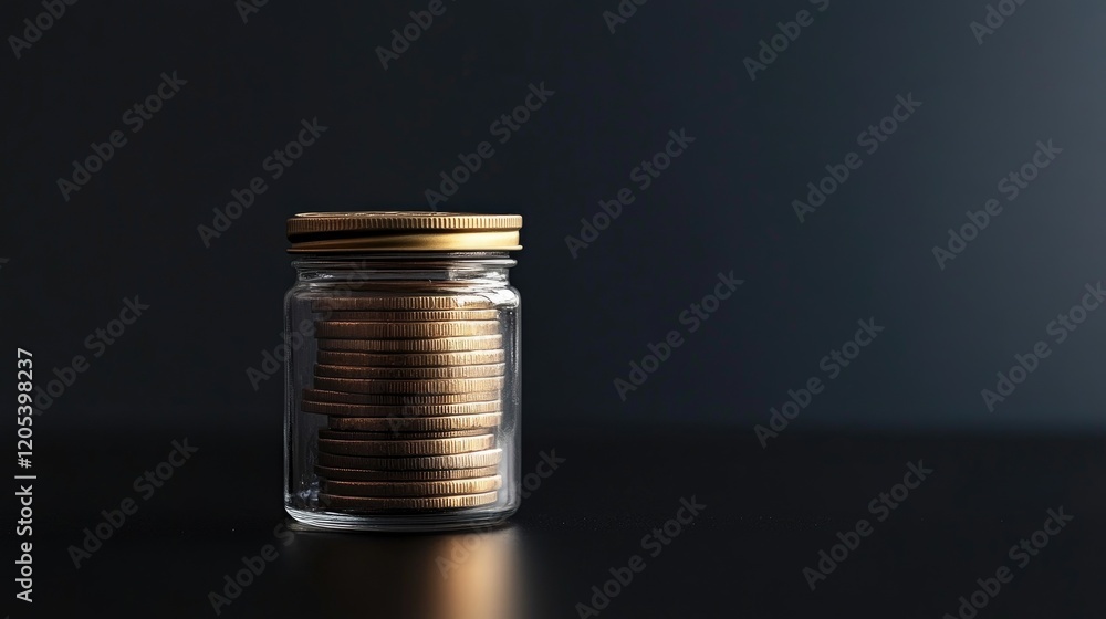 Poster a minimalist setup with a coin jar and a single golden coin leaning against it on a black surface.
