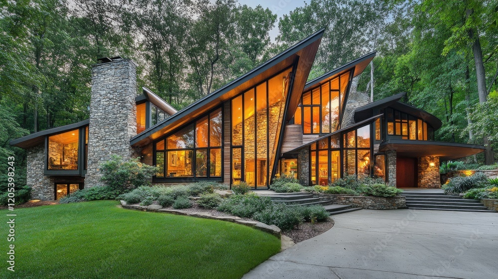 Poster a modern architectural home with sharp angles, floor-to-ceiling windows, and a beautiful stone facad