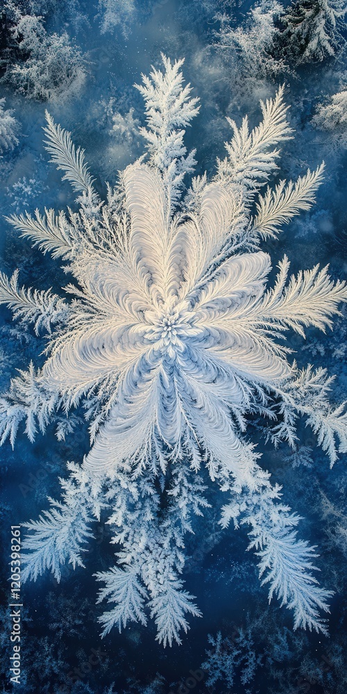Poster above showcasing the elegant structure of a snow-covered pine tree against the backdrop of a frozen 