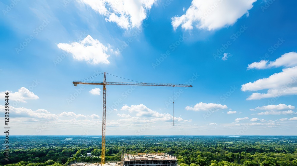 Poster construction crane towering over active site with workers and machinery busy in urban development cr