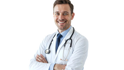 Fototapeta premium Medical Professional with Stethoscope and White Lab Coat isolated on white transparent background