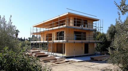 A newly built home with exposed framing and scaffolding, under a clear sky, as the exterior walls are put in place for final assembly