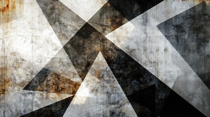 Abstract geometric design with fragmented angular shapes and textured grunge surface in monochromatic tones