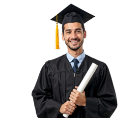 Graduate Student with certificate wearing graduation gown and Cap isolated on white transparent background