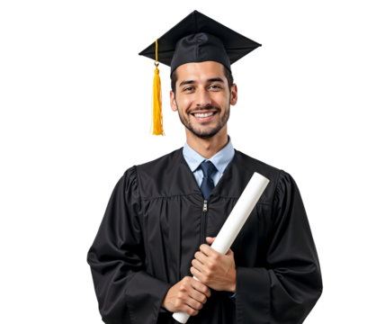 Graduate Student with certificate wearing graduation gown and Cap isolated on white transparent background