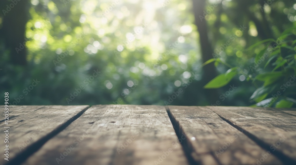 Poster wooden table in a forest with soft sunlight filtering through the trees during a peaceful afternoon