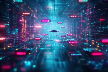 Fototapeta premium A cyberpunk cityscape with glowing neon lights and flying cars, gritty and futuristic