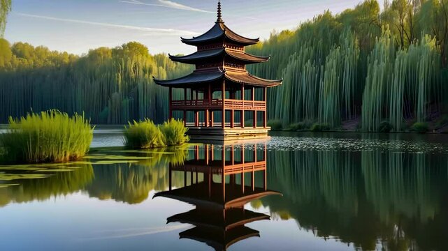 Serene pavilion reflected in tranquil lake, surrounded by lush greenery, conveying harmony and peacefulness in a picturesque landscape