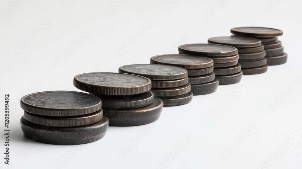 Poster a row of neatly stacked coins, each smaller than the next, forming a perfect ascending curve on a wh