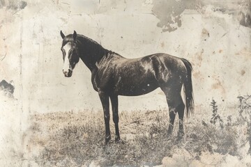 A stunning image of a black horse standing gracefully in a vintage ambiance, showcasing its sleek coat and poised posture against a faded background of nature.