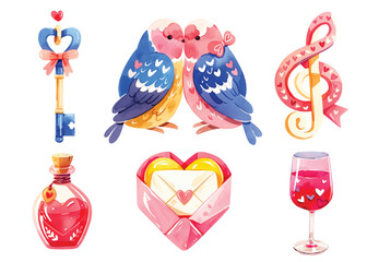 watercolor Valentine s Day party decoration vector set. Love. romantic holiday celebration elements cake, heart balloons, flower bouquet, gift, champagne bottle.