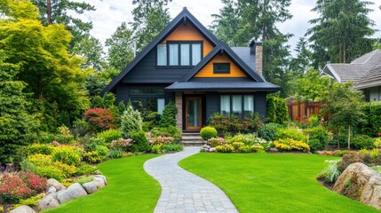 Fototapeta premium A serene modern garden house with a clean, angular design, surrounded by manicured lawns and natural stone paths