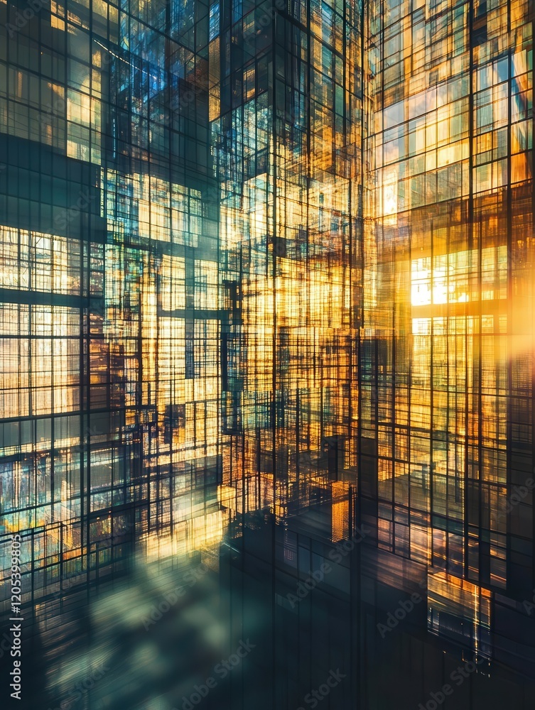 Poster sunlight transforms architectural reflections into an abstract mosaic of light and shadow