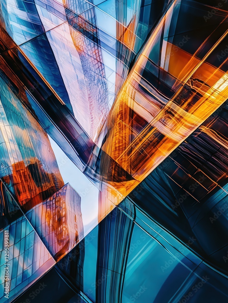 Poster architectural reflections, with angular shapes merging into smooth, liquid-like abstractions