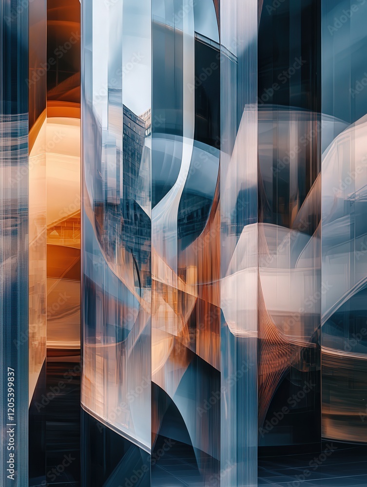 Poster architectural reflections, with angular shapes merging into smooth, liquid-like abstractions