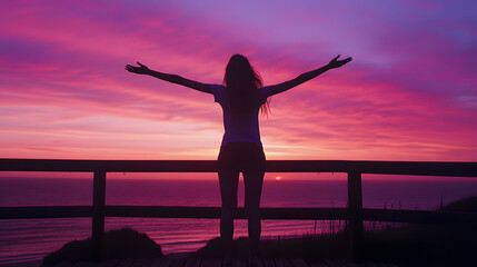 Fototapeta premium Silhouette of a woman at sunset on a dock 