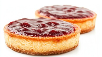 Two small, round cakes topped with vibrant jam, elegantly presented on a clean white surface, showcasing their delightful appearance and sweet appeal.