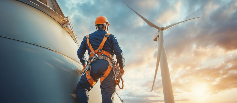 Engineer wearing safety harness working on a wind turbine