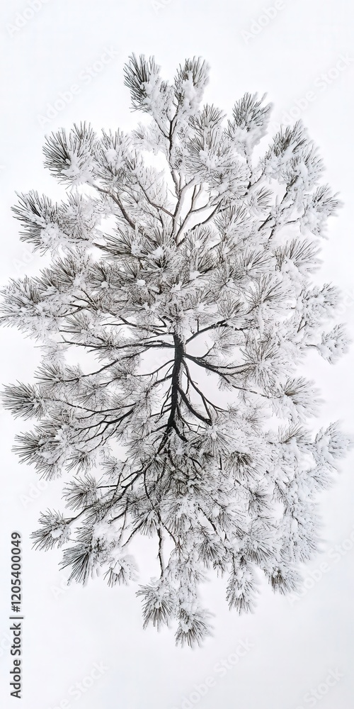 Poster pine tree in winter, its snowy branches spreading out in all directions when viewed from above