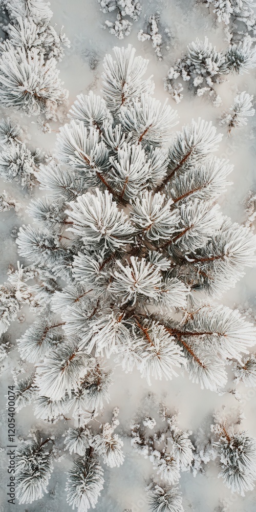 Poster pine tree in winter, its snowy branches spreading out in all directions when viewed from above