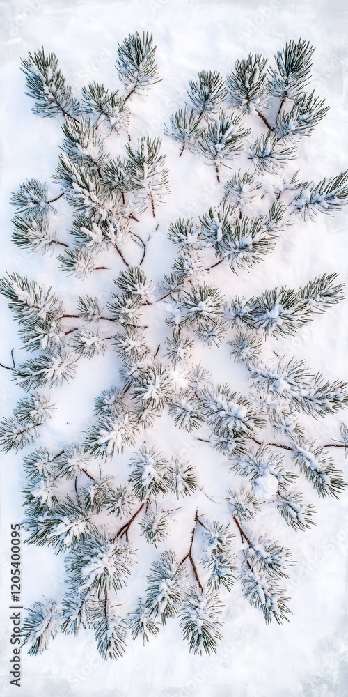 Poster pine tree in winter, its snowy branches spreading out in all directions when viewed from above