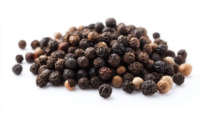 A mound of dark black pepper seeds is artfully arranged on a bright white surface, highlighting their rich texture and color contrast.