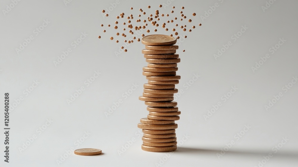 Poster a stack of coins with a stream of smaller coins cascading down, symbolizing controlled outflow.