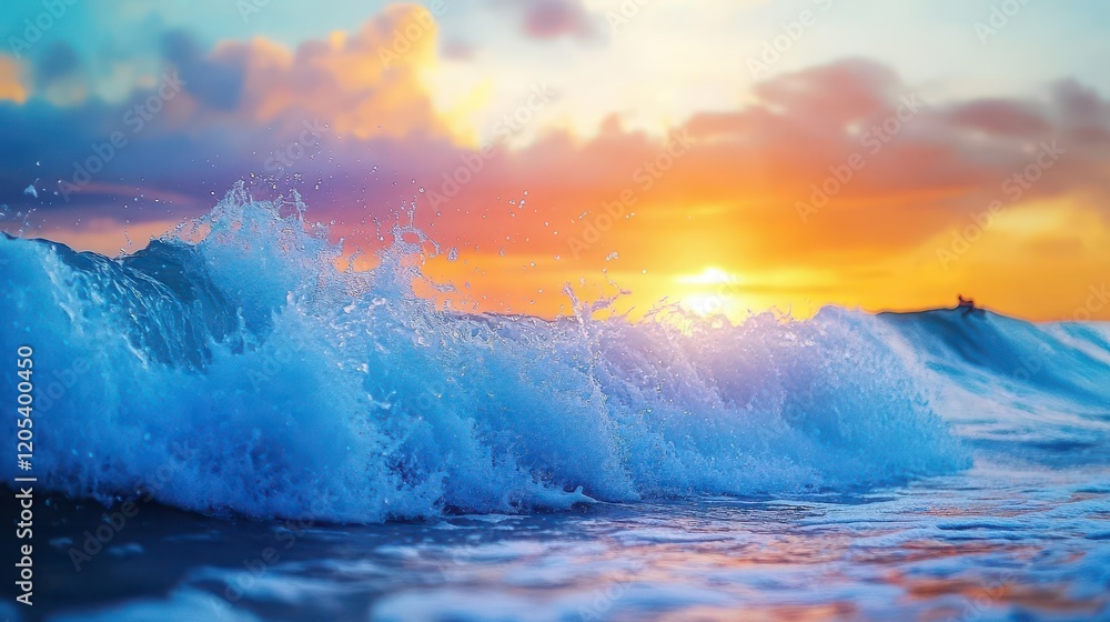 Aufkleber majestic wave crashing on sandy beach at vibrant sunset with colorful sky and gentle ocean spray cre