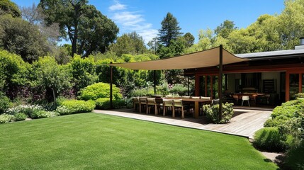 A stylish garden home with a shaded outdoor dining area, sleek design, and a vibrant surrounding garden