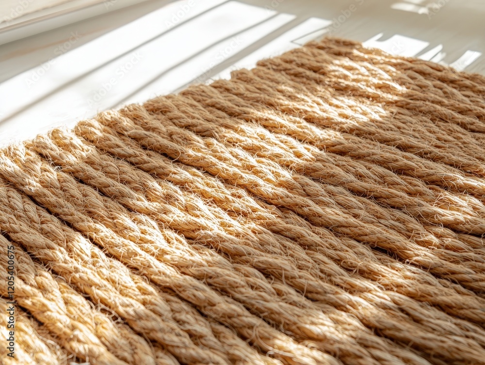 Aufkleber natural jute rope texture with soft shadows on a light surface in a cozy ambient setting