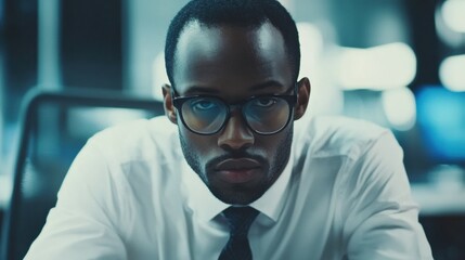Fototapeta premium Focused office worker, capturing a professional deeply immersed in their duties, reflecting concentration and commitment