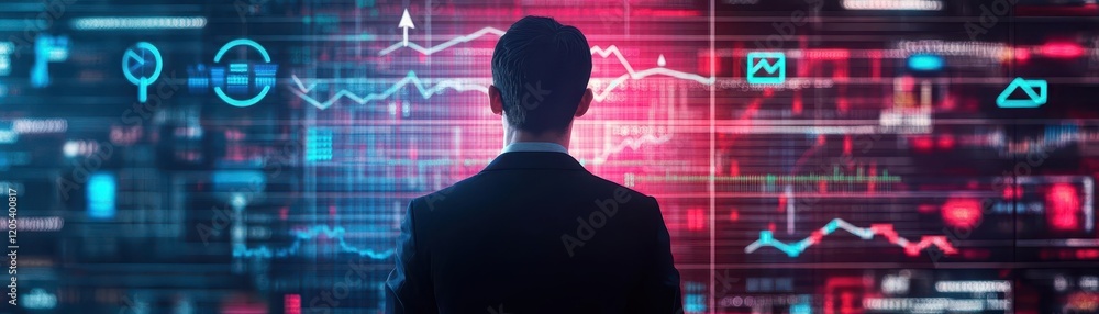Poster businessman in elegant suit analyzing information on high-tech digital screen in modern office envir
