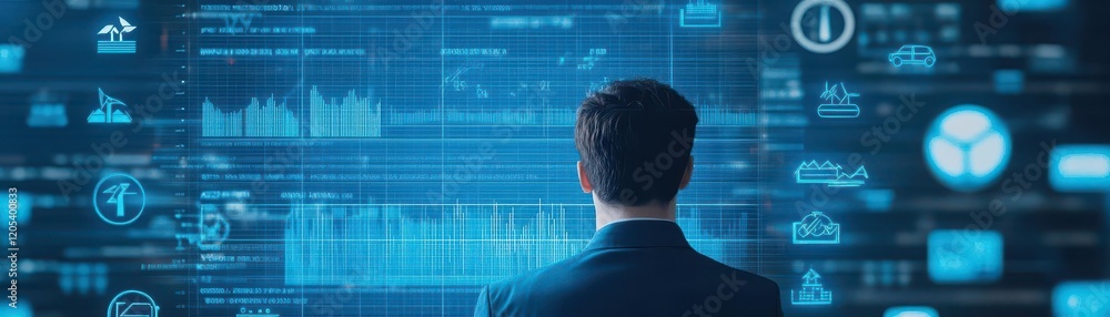 Poster professional man in suit engaged with futuristic digital screen in modern office setting reflecting 