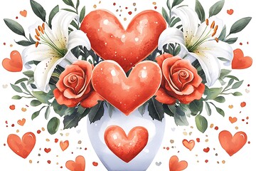 Watercolor style valentine day love hearts in a floral arrangement romantic decor heartfelt art