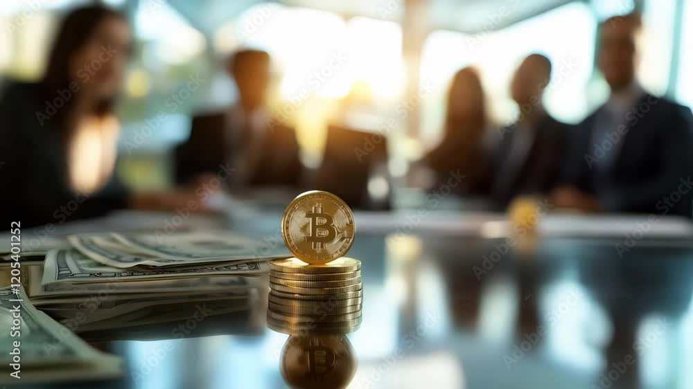 Poster gold bitcoin cryptocurrency coin is placed on desk in front of blurred businesspeople working on lap