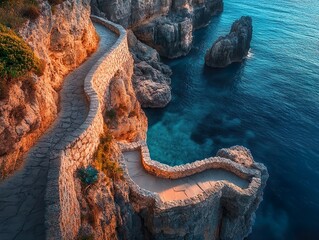 A winding stone path along rocky cliffs with a view of the turquoise sea and distant rock...