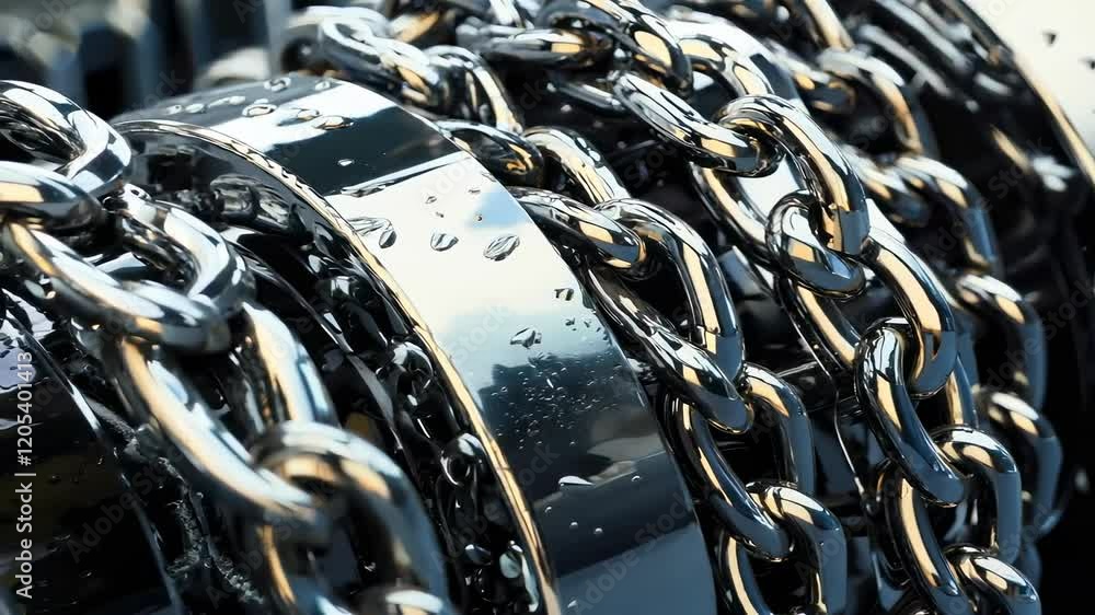 Poster close-up view of gleaming chains with water droplets