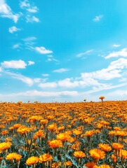 Fototapeta premium marigold field under a clear blue sky, with golden yellow and orange flowers creating a rich and lively tapestry on the ground