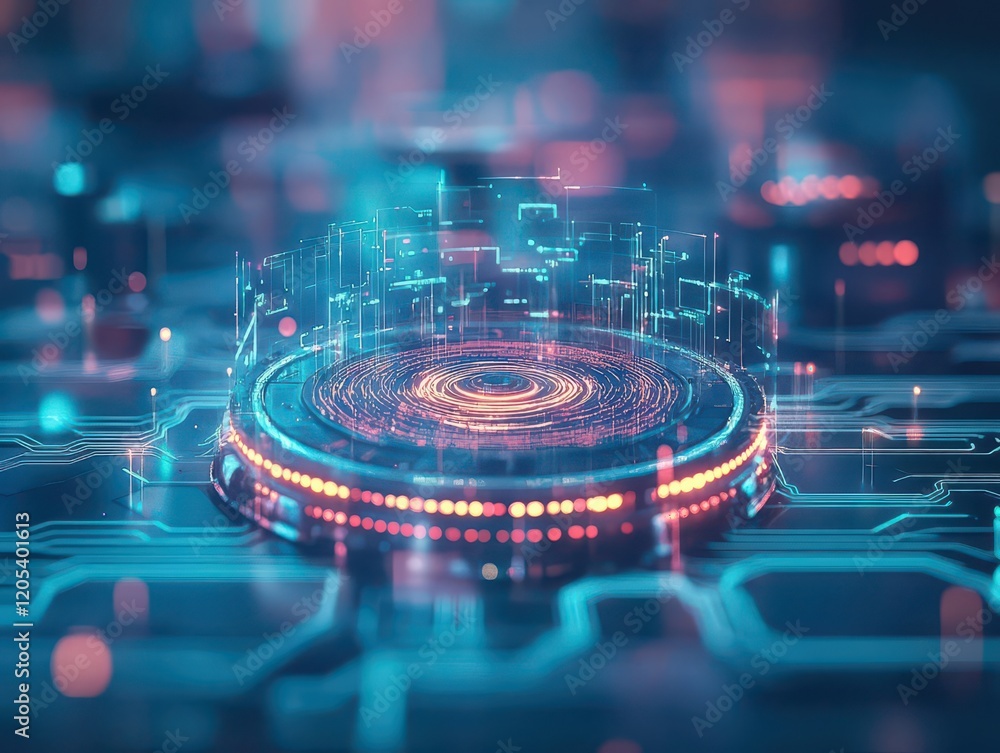 Leinwandbilder Futuristic Circuit Design Featuring Intricate Patterns and Central Circuit Element Illuminated by Glowing Energy in a High-Tech Cybernetic Environment