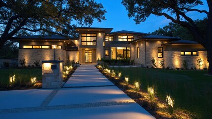 Contemporary luxury home exterior with a sleek architectural design, illuminated by soft outdoor lighting.