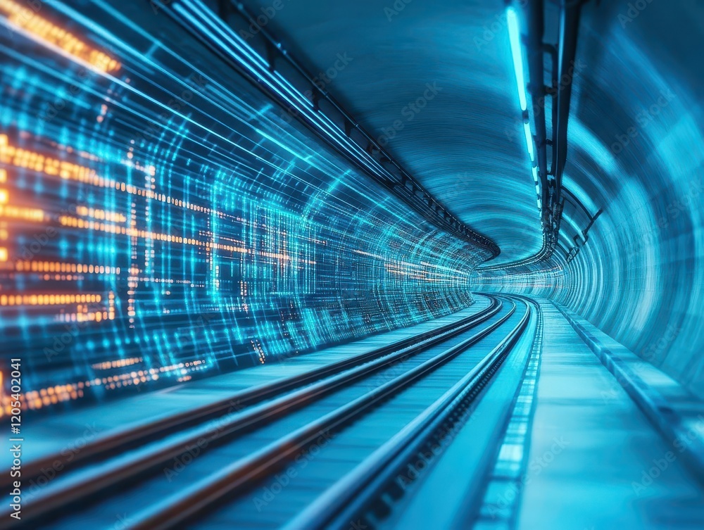 Poster Futuristic Tunnel Illuminated by Vibrant Blue Lights Creating a Mysterious and Dynamic Atmosphere Inviting Exploration and Adventure in a Modern Setting