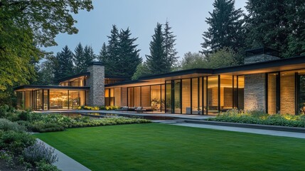 Obraz premium Elegant modern garden house with expansive glass windows, a spacious green yard, and contemporary landscaping