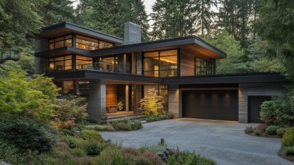 Elegant modern house with a stylish open-concept living area, featuring neutral tones and contemporary finishes, blending seamlessly with the natural surroundings