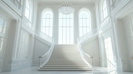 Fototapeta premium Elegant staircase with glass railings and a modern chandelier in the grand entrance of a luxury home.