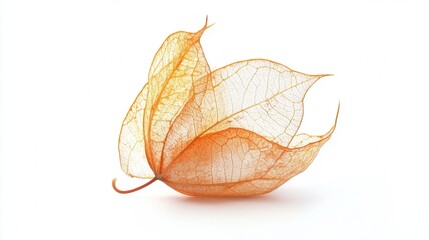 Fototapeta premium A solitary dried leaf rests delicately on a clean white surface, showcasing its intricate texture and natural beauty.