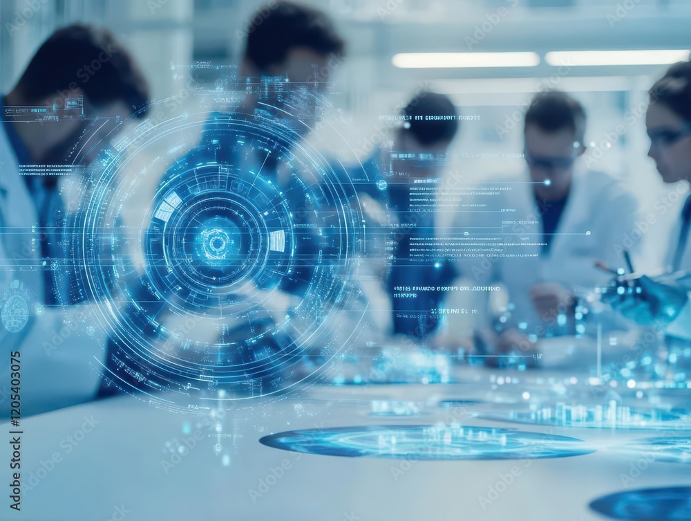 Poster Dynamic Group of Diverse Individuals Collaborating in a High-Tech Laboratory Setting Engaged in Scientific Research and Innovation with Focused Determination